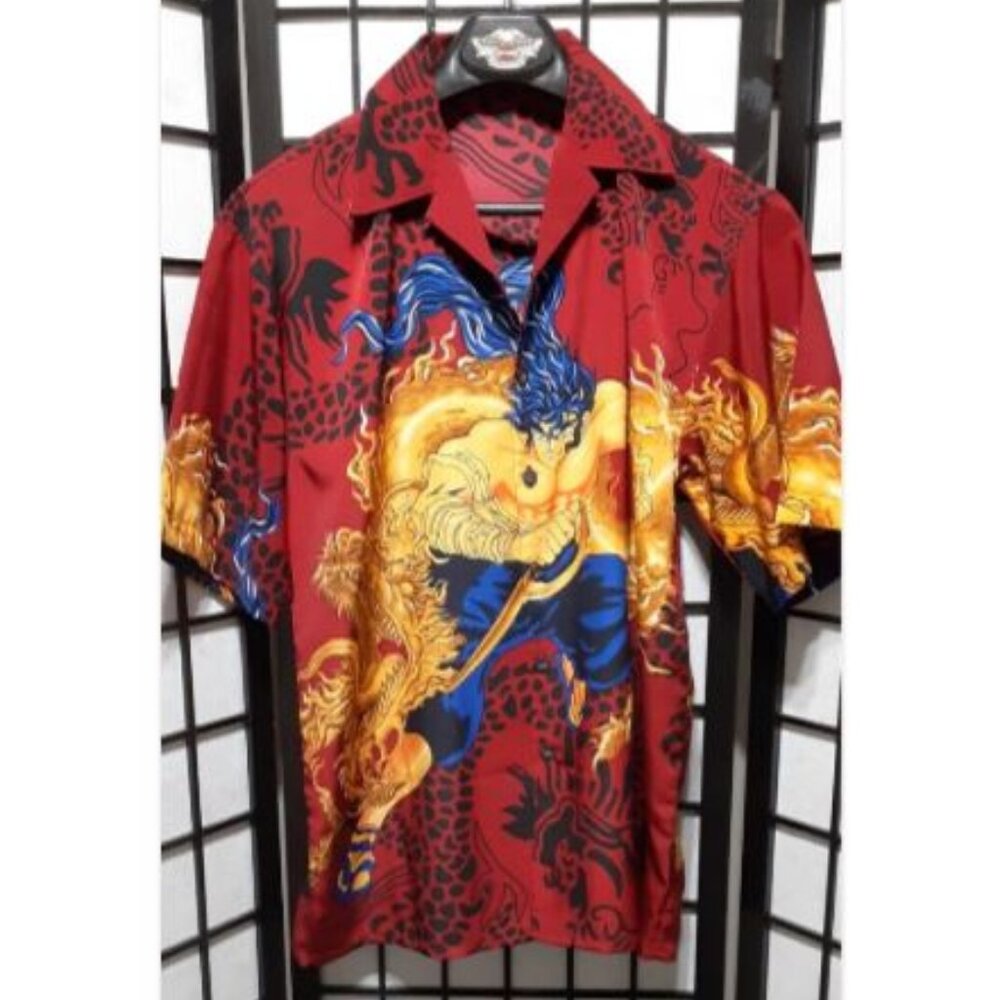 Hawaiian Japanese Shirt Dragon Warrior Fighter Anime Button Up Mens L XL